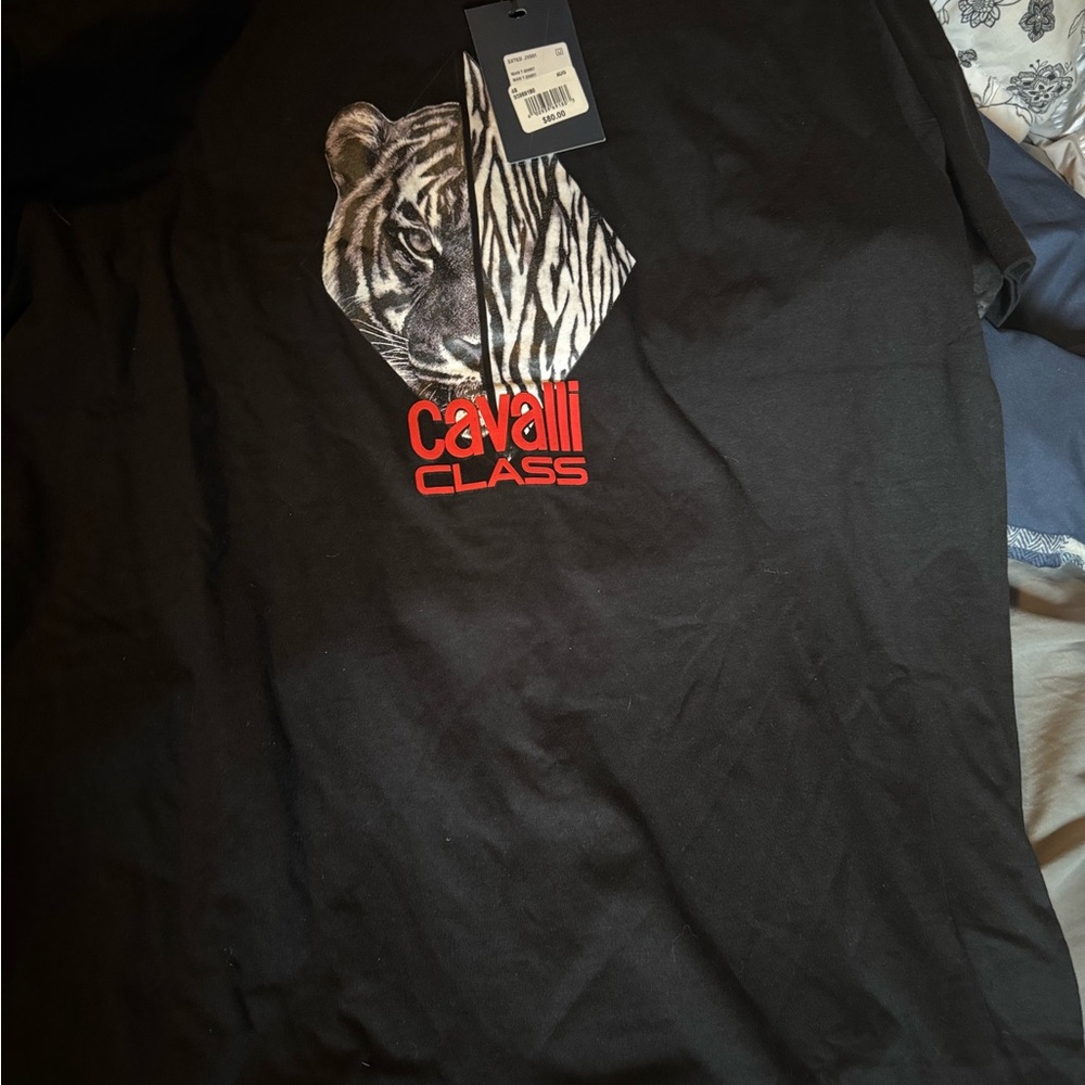 Cavalli Class Black Short Sleeve Tee with Abstract Graphic